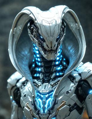 The primary subject of the image is a futuristic robot with a silver and blue color scheme. The robot has a hooded design and is adorned with blue and white lights. The setting is a dark room, which contrasts with the brightly lit robot. The visual style is a combination of digital art and illustration, creating a striking and unique appearance. The colors and mood of the image are predominantly silver, blue, and black, giving the robot a sleek and menacing appearance.